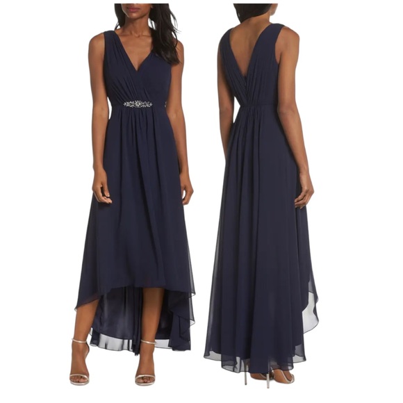 Eliza J Dresses & Skirts - Eliza J Embellished High Low Chiffon Dress Navy Size 6 NWT